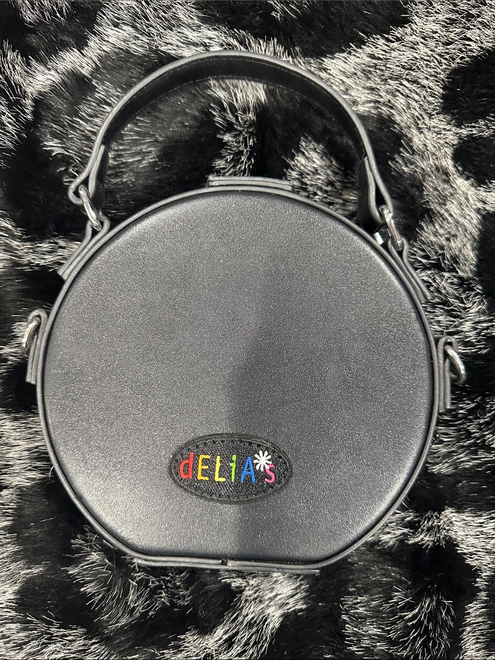Delia’s Black Round Box Top-Handle Bag with Silver Sad Face Accent 90’s